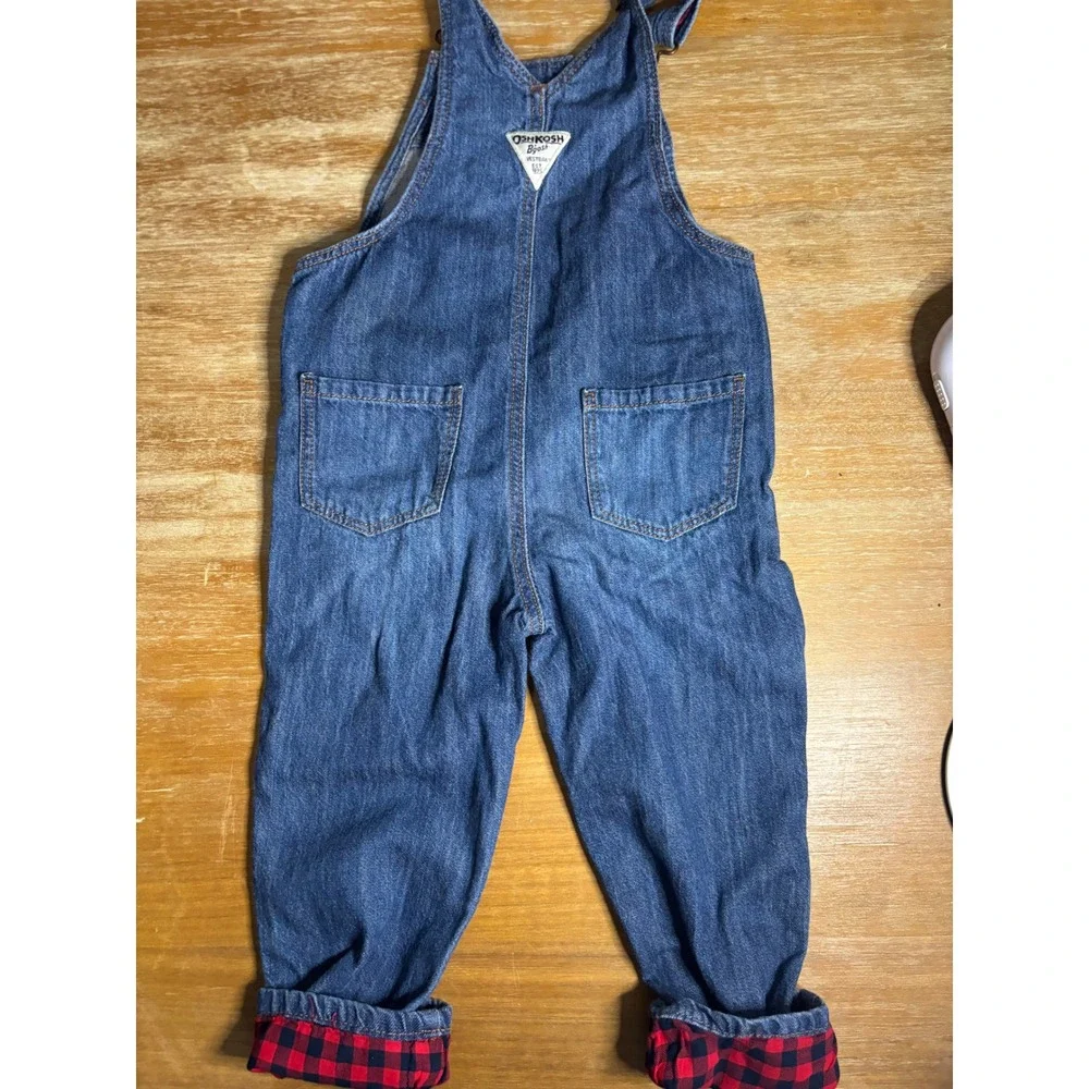 OshKosh Bgosh Girls 3T Denim Heart Pocket Flannel Lined Overalls‎ Buffalo Plaid